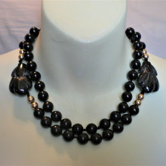 Vintage Deco Carved Black Onyx Beads Beaded Opera Length 37" NECKLACE - Picture 3 of 3